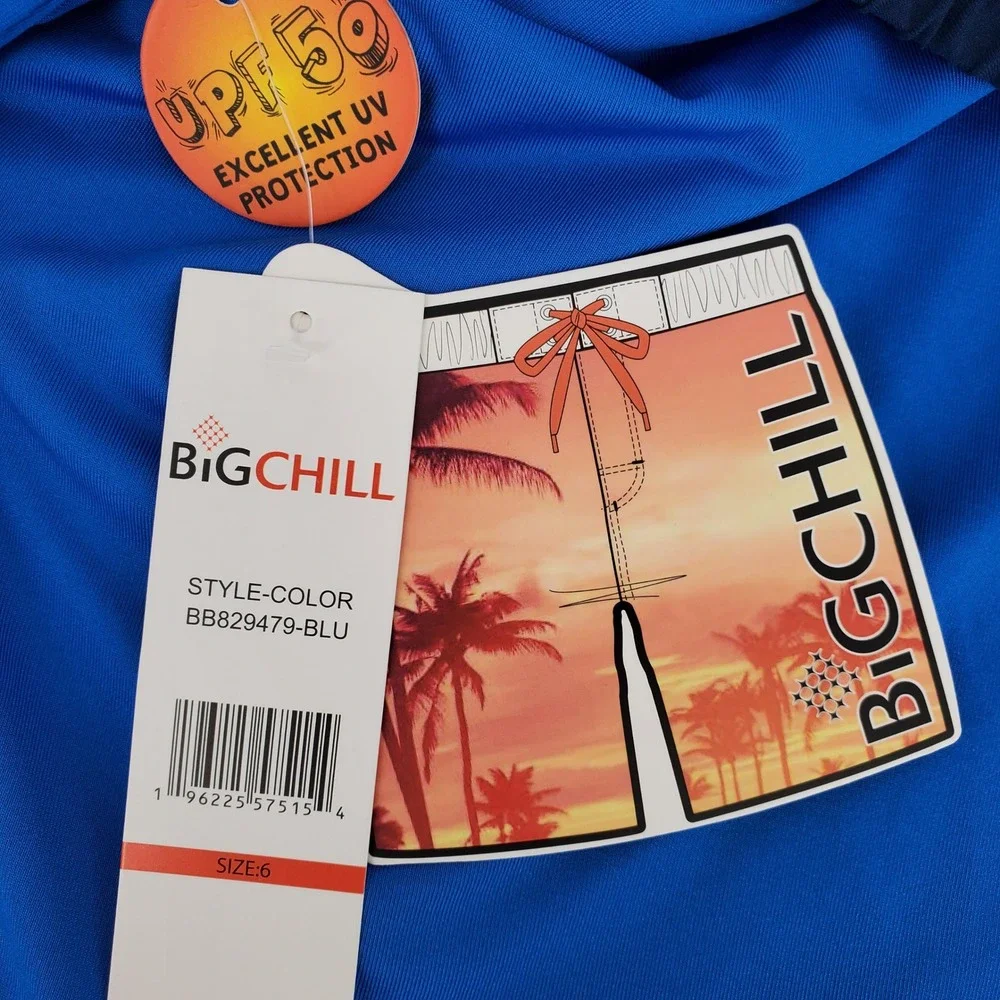 Big Chill Boys Size 6‎ 2pc Rash Guard Swim Trunks Set Blue Skeleton Surfer